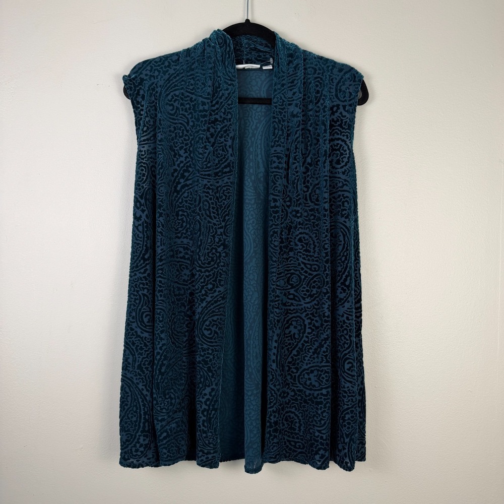 Susan Graver Cardigan Vest Women's Small Green Paisley Velvet Burnout Open Front - Picture 5 of 12